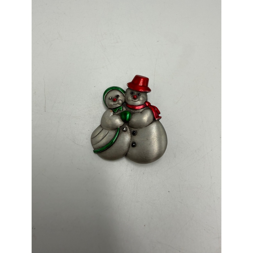 JJ Jonette Jewelry Vtg Snowman Couple Brooch Pewter Tone Enamel Christmas Pin